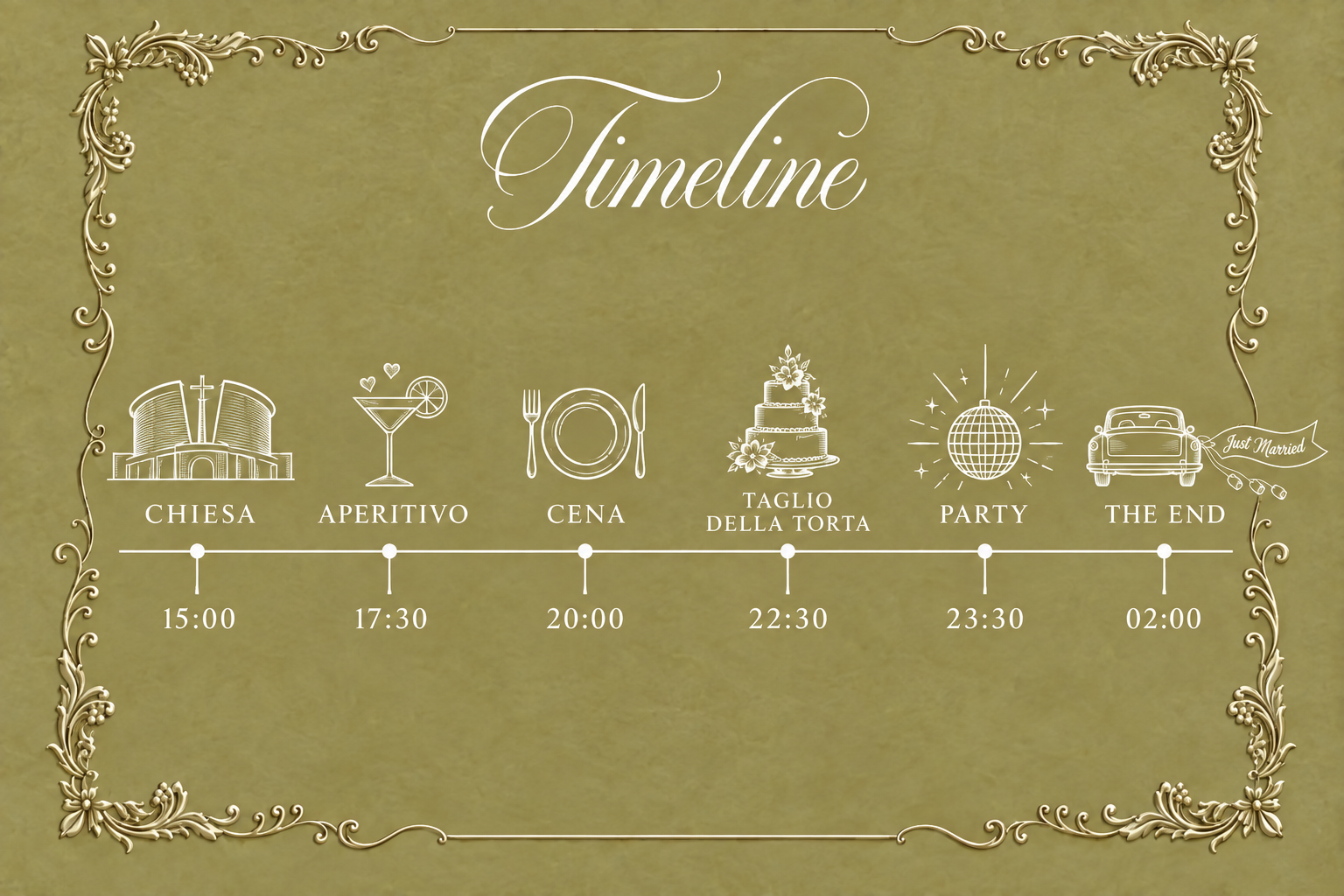 Programma del matrimonio: chiesa 15:00, aperitivo 17:30, cena 20:00, taglio della torta 22:30, party 23:30, fine 02:00